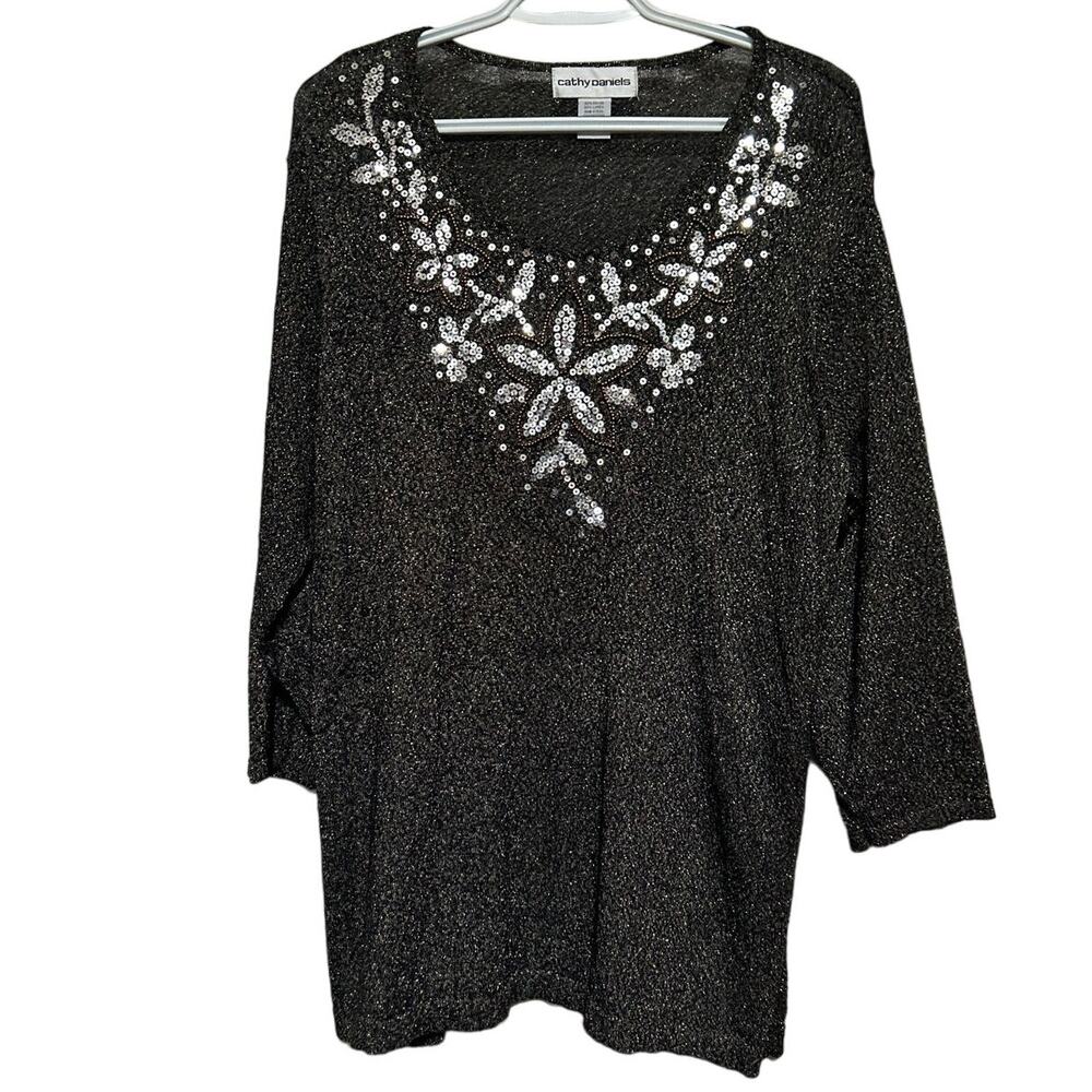 Cathy Daniels Women's Gray Gold Sparkles Sequin Beads Long Sleeve Blouse Size 2X